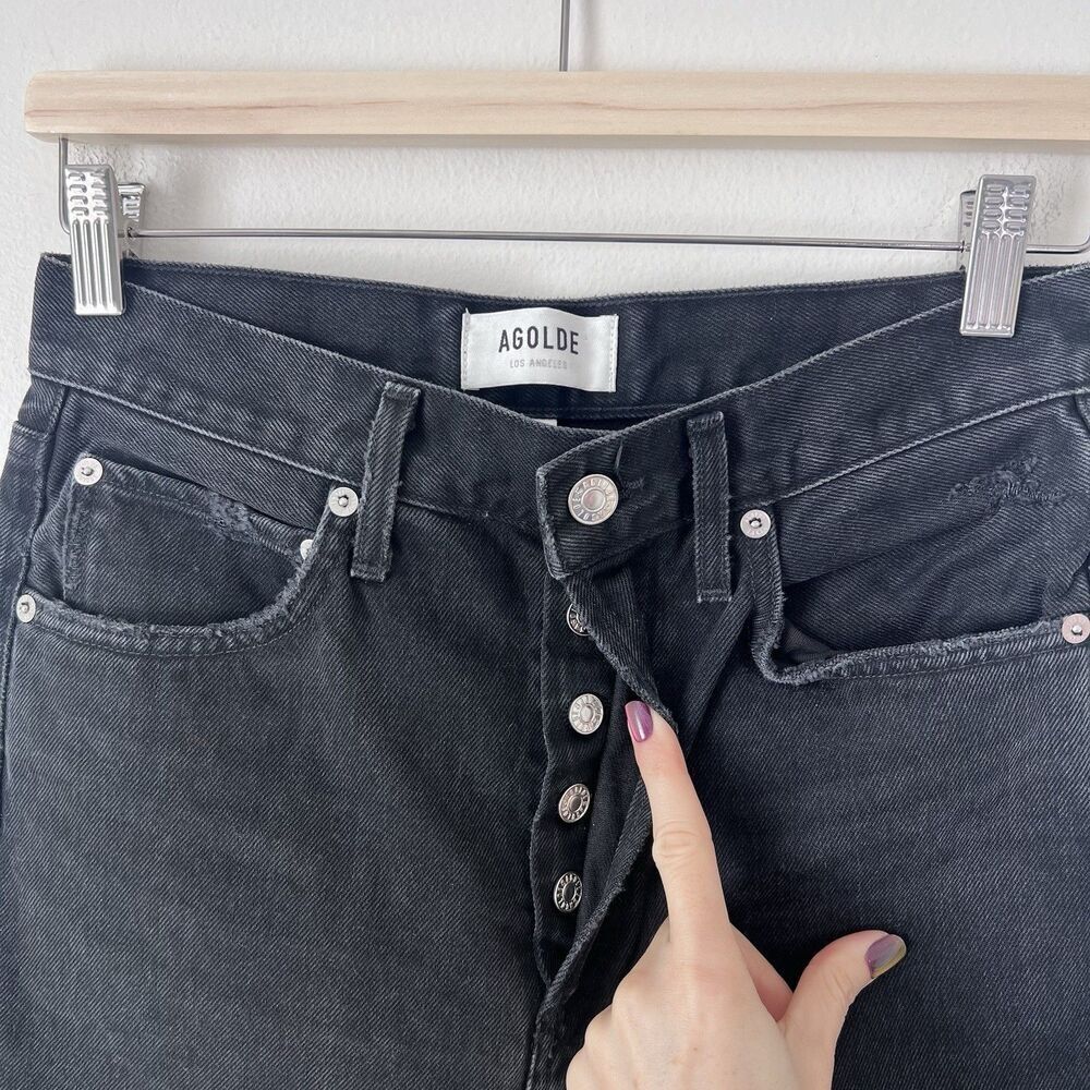 AGOLDE 90’s High Rise Straight Legs Jeans Size 25 Black Wash Distressed - Picture 4 of 9
